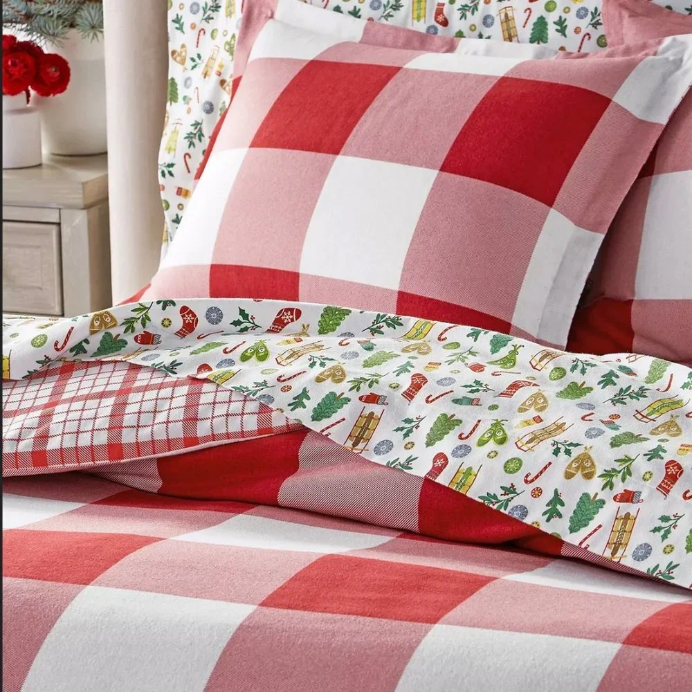 7 Pc Set Charter Club Red Check Flannel Duvet Cover Sheets Shams